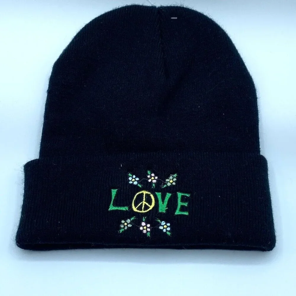 Urban Outfitters Embroidered LOVE Knit Beanie Black Unisex OS NWOT